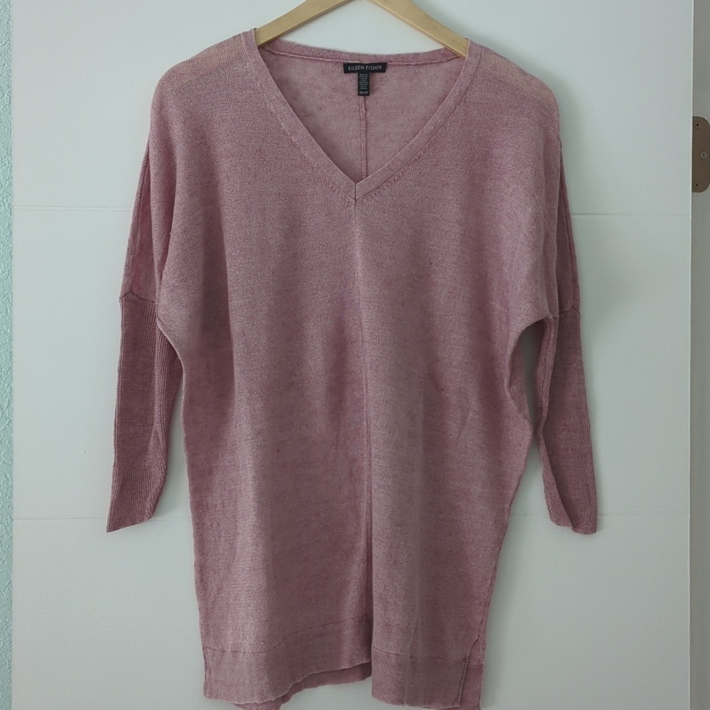 Eileen Fisher Linen V-neck Knit Tunic Top Light plum Minimalist Coastal Sz XS